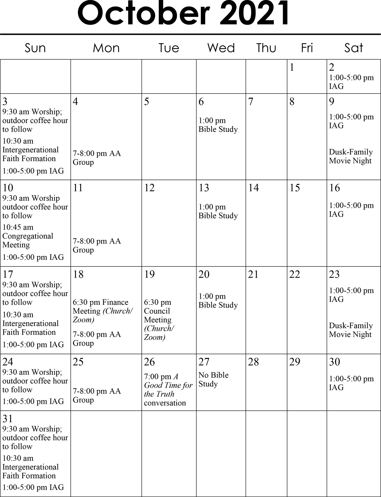 Calendar Lakeview Lutheran Church